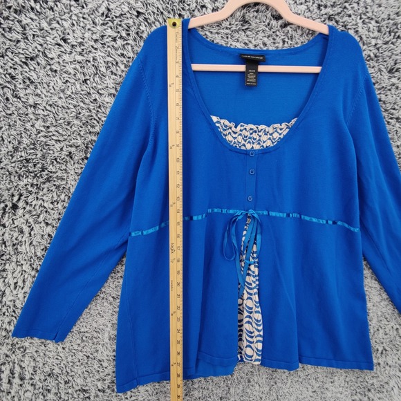 Lane Bryant Womens Cardigan Faux Layered Coquette 26/28 Blue Smocked Ribbon Tie - Picture 3 of 16
